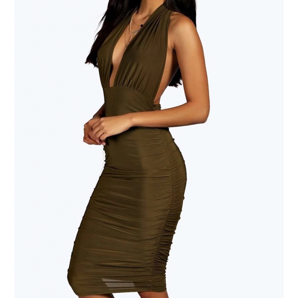 Flora Ruched Side Plunge Halter Slinky Dress olive